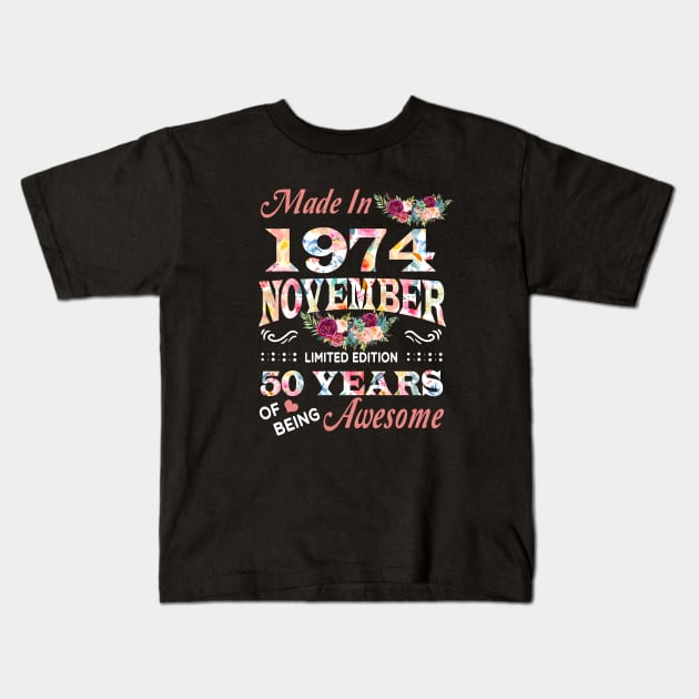 November Flower Made In 1974 50 Years Of Being Awesome Kids T-Shirt by Kontjo